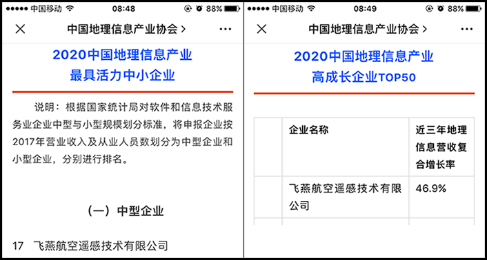 喜訊丨飛燕遙感榮獲2020中國地理信息產(chǎn)業(yè)最具活力中型企業(yè)榮譽稱號，榮耀入選2020中國地理信息產(chǎn)業(yè)高成長企業(yè)TOP50！